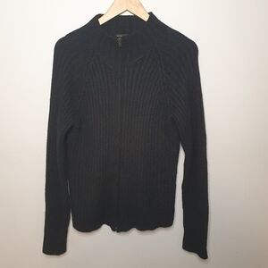 Club Monaco Black Ribbed Full Zip Up Mock Neck Alpaca Wool Jacket Sweater Size L